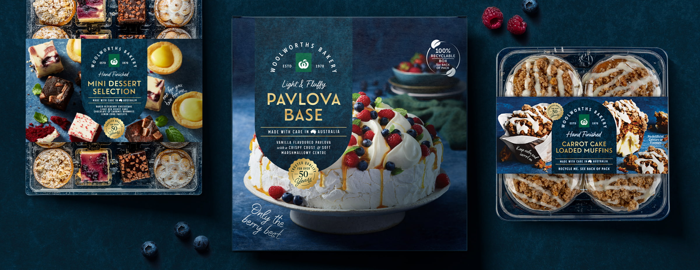 woolworths-food-range-bakery-pavlova-carrot-cake-muffins-deserts-premium-elevated-delicious-brand-and-packaging-redesign-boxer-and-co-studio
